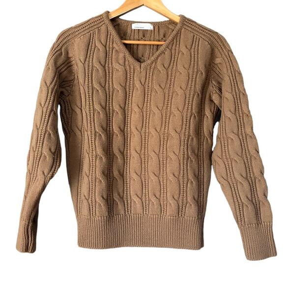 AMERICAN APPAREL V-neck Cable Knit Sweater Classic Camel Preppy Academia Prep S - Picture 9 of 9